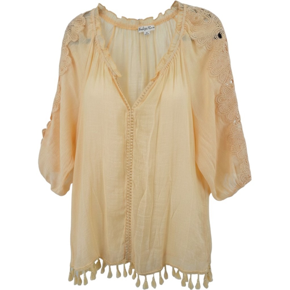 Indigo Rose Women's Plus 1X Yellow Gauzy Fringe Ruffle Tunic Top (Shell)